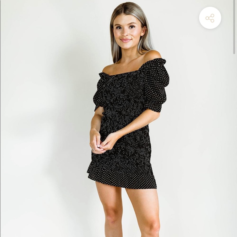 DESI BLACK SMOCKING POLKA DOT DRESS
